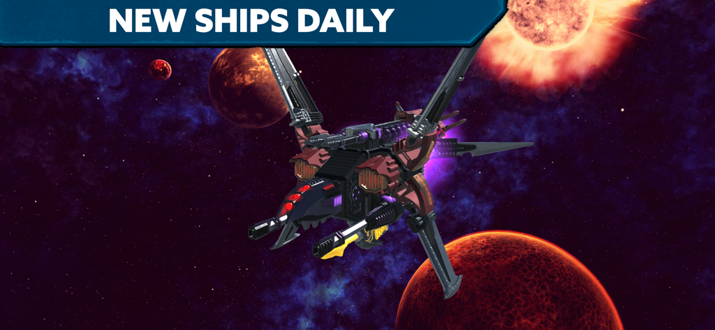 A Snap Ships spacecraft flying in outer space with a New Ships Daily banner