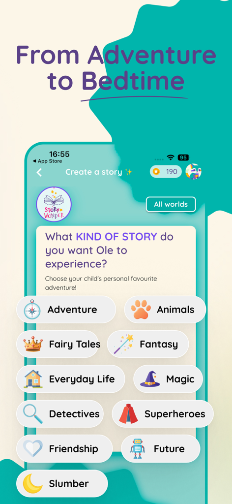 子供向けの冒険、動物、スーパーヒーローなどのさまざまなパーソナライズされたストーリーカテゴリを表示するモバイルアプリの画面。