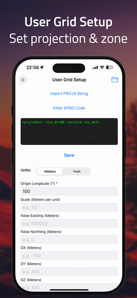 Coordinates – GPS Converter - User grid setup screen for setting custom projections and zones in the GPS converter app.