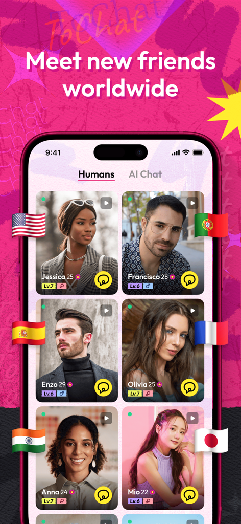 ToChat - Meet New Friends - Screenshot of the ToChat app interface displaying a grid of diverse user profiles with international flags under the Humans discovery tab.