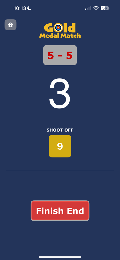 Gold Medal Match - Interfaz de la aplicación de entrenamiento de tiro con arco que muestra una puntuación empatada y un simulador de ronda de desempate