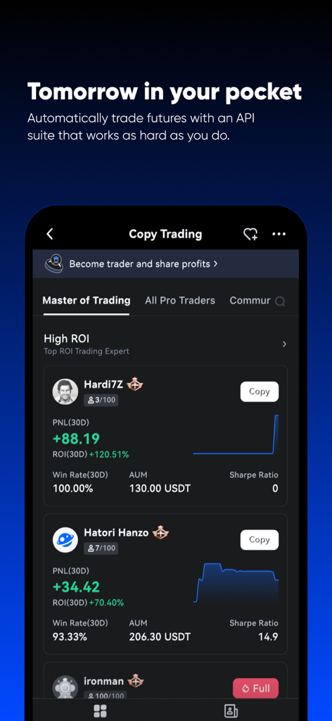 Toobit: Buy BTC, ETH & Crypto - Capture d'écran de l'application mobile Toobit montrant la fonction Copy Trading avec des statistiques de performance et les profils des meilleurs traders.