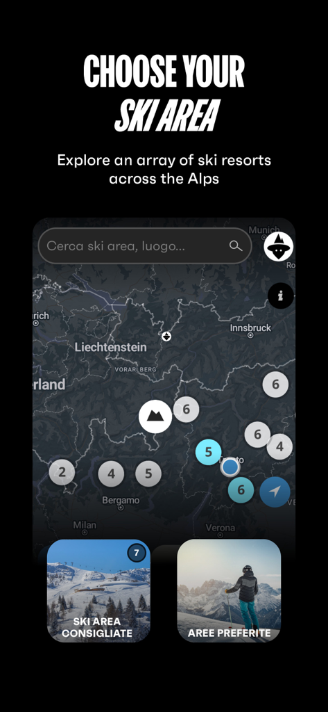 MowiSnow - Interfaz de la aplicación MowiSnow que muestra un mapa de estaciones de esquí en los Alpes con opciones para elegir áreas de esquí recomendadas y favoritas.