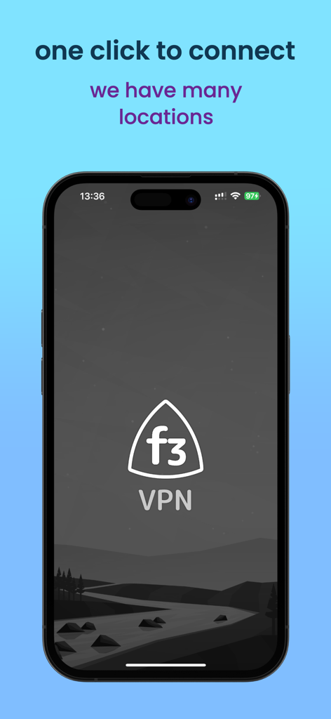 f3 vpn - simple VPN - Interface do aplicativo móvel f3 VPN mostrando a tela inicial com um clique para conectar e locais de servidores