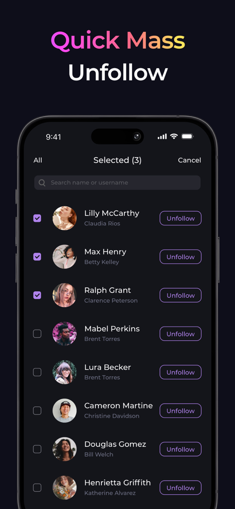 Smartphone-Bildschirm, der die Funktion "Quick Mass Unfollow" (Schnelles Massenentfolgen) in der Reports plus App anzeigt.