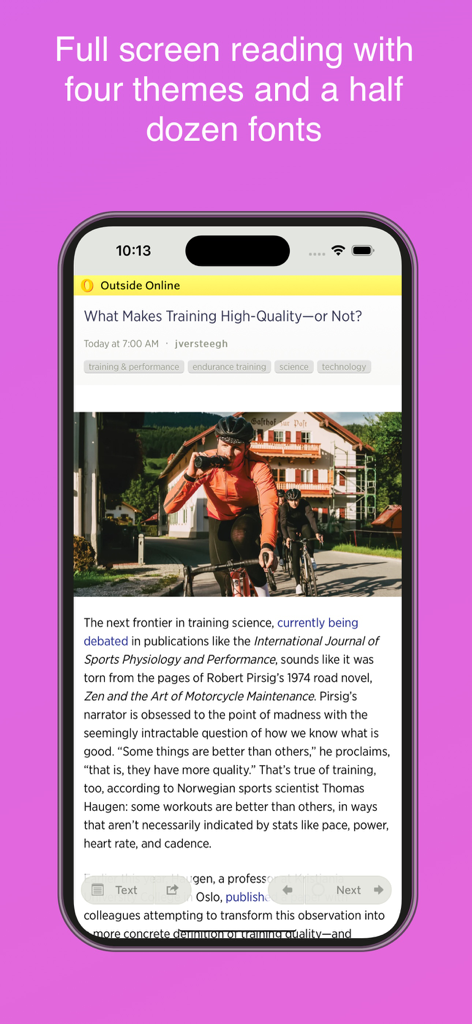 NewsBlur - NewsBlur App-Screenshot, der die Vollbild-Artikelanzeige mit anpassbaren Themen und Schriftarten zeigt.