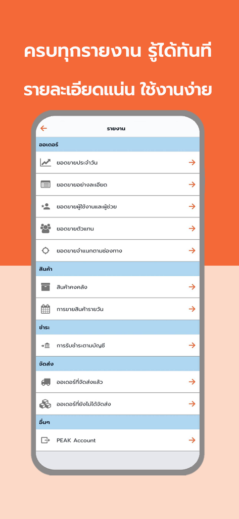 A screenshot of the XSelly app reporting dashboard showing categories for orders, inventory, payments, and shipping data.
