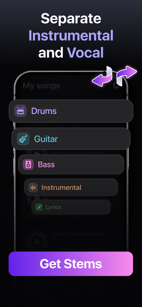 Mobile app interface showing a song separated into individual stems like drums guitar bass and vocals