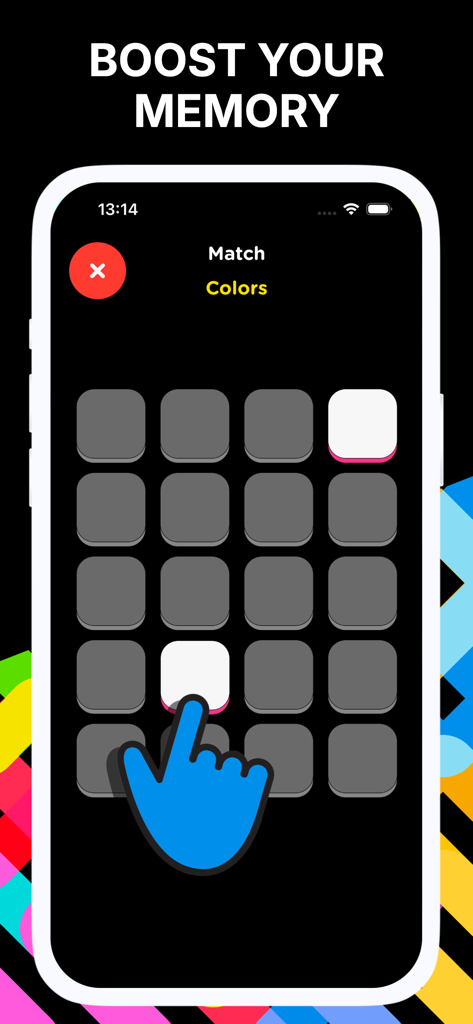 Senior brain games BlockMind - Una captura de pantalla de Juegos cerebrales para mayores BlockMind que muestra un juego de emparejar colores para potenciar la memoria.