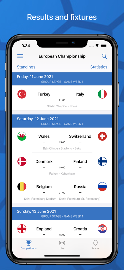 Smartphone screen displaying soccer match fixtures and results in the WC 2026 app.