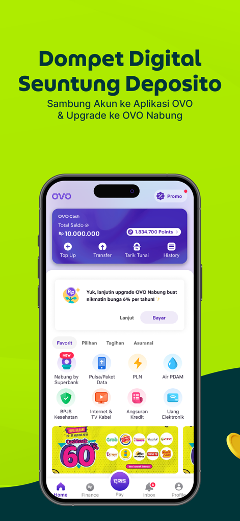 Superbank: Save, Borrow, Grow - Superbank mobile app interface showing OVO digital wallet integration for high yield savings and bill payments