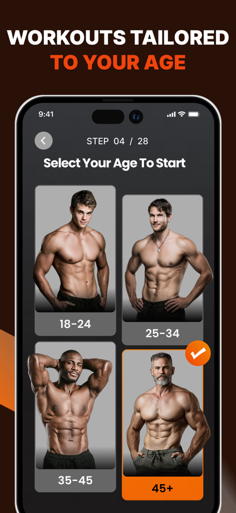 Military Workout: Muscle Max - A screen in the Military Workout app showing age group selection to customize fitness plans.