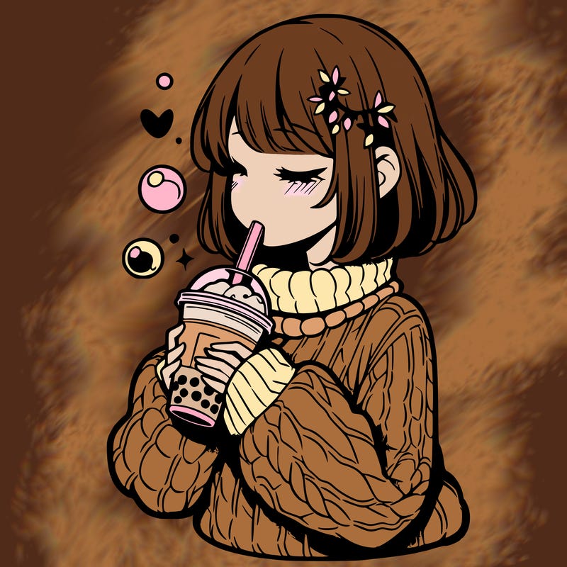 manga girl drinking boba in cozy sweater