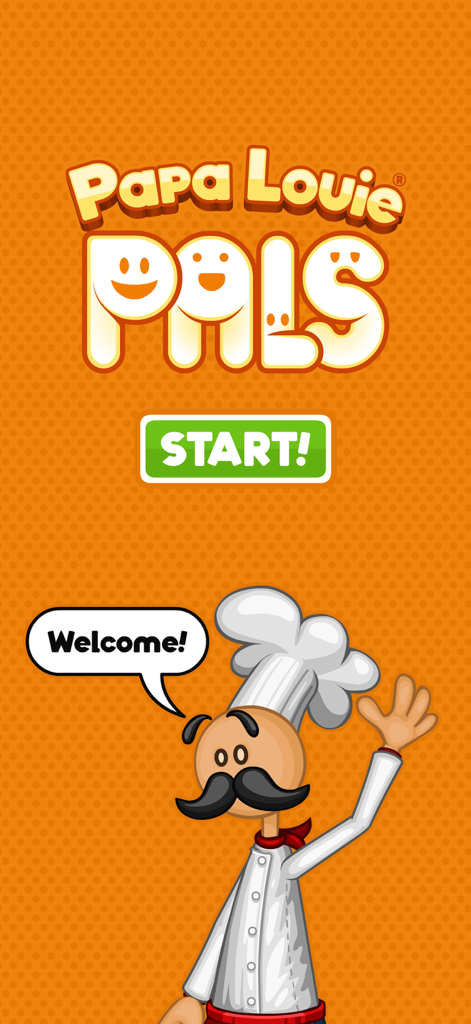 Papa Louie Pals - The start screen of Papa Louie Pals featuring the character Papa Louie with a welcome speech bubble and a green start button on an orange background