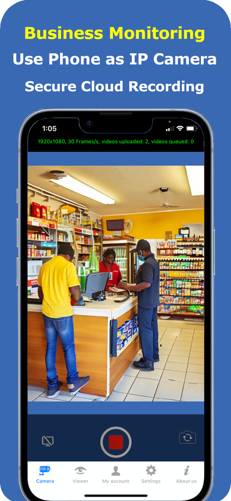 Mobile Security Camera - Smartphone screen showing the Mobile Security Camera app used for business monitoring in a retail store