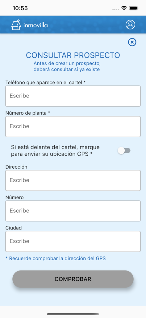 Interfaz de la aplicación inmobiliaria Inmovilla que muestra un formulario para verificar y consultar prospectos de propiedades