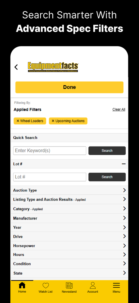 Equipmentfacts Live Auctions - Interfaz de búsqueda avanzada para subastas de equipo pesado con filtros de fabricante, potencia y más