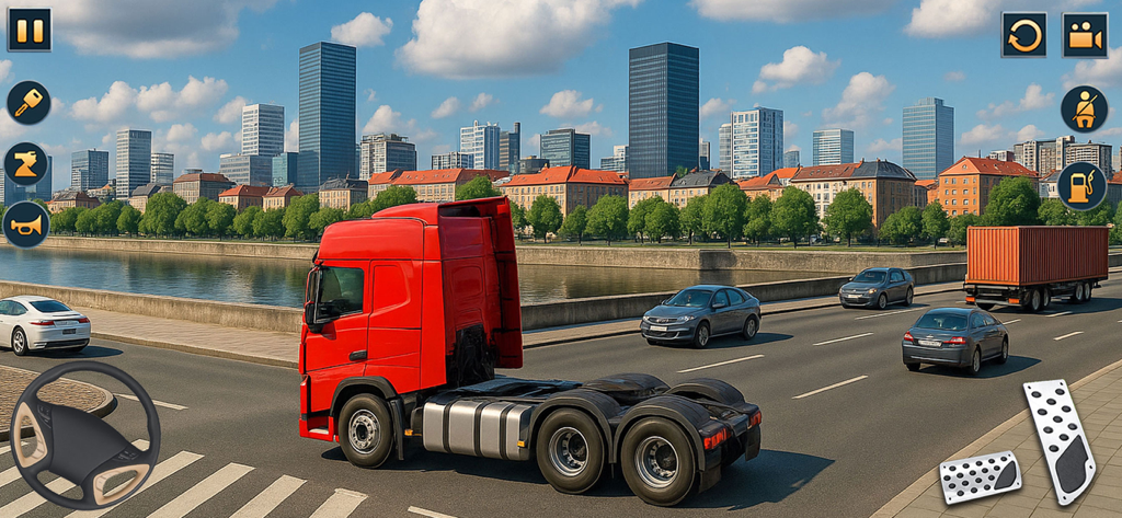 Un camión Euro rojo conduciendo por una ciudad con rascacielos y un río al fondo