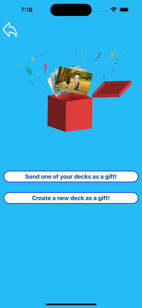 Uno schermo con una scatola regalo e foto di famiglia che mostra opzioni per inviare o creare un mazzo di foto come regalo.