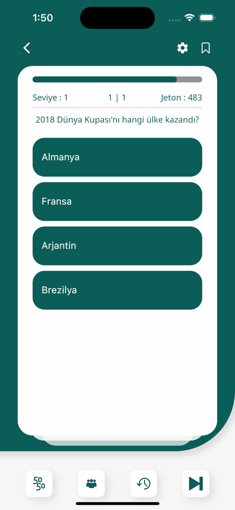 Quizilla - Quizilla mobile app interface showing a multiple choice sports trivia question with game lifelines