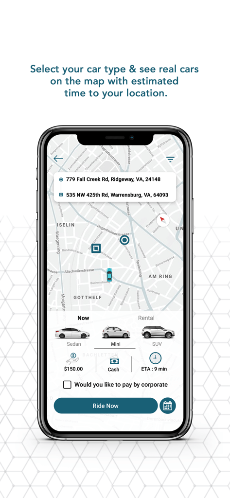 이동 수단 선택 지도, 자동차 옵션 및 예상 시간을 보여주는 조옌다 앱 인터페이스