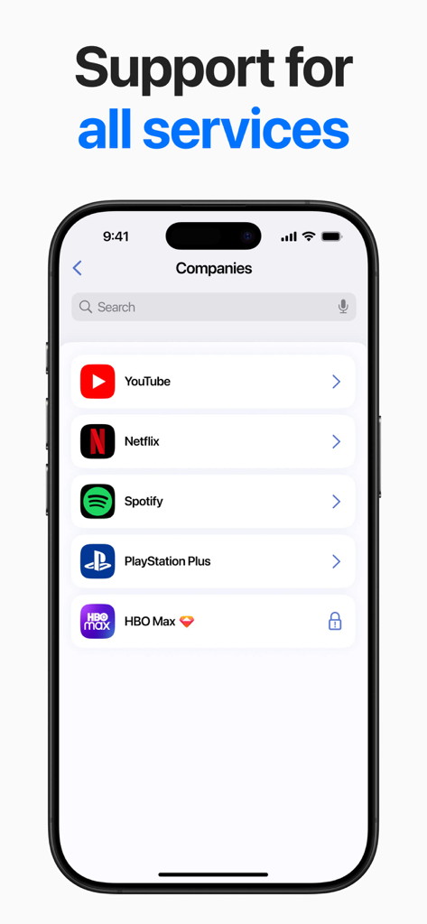A mobile app interface displaying a list of supported subscription services including YouTube, Netflix, Spotify, PlayStation Plus, and HBO Max.