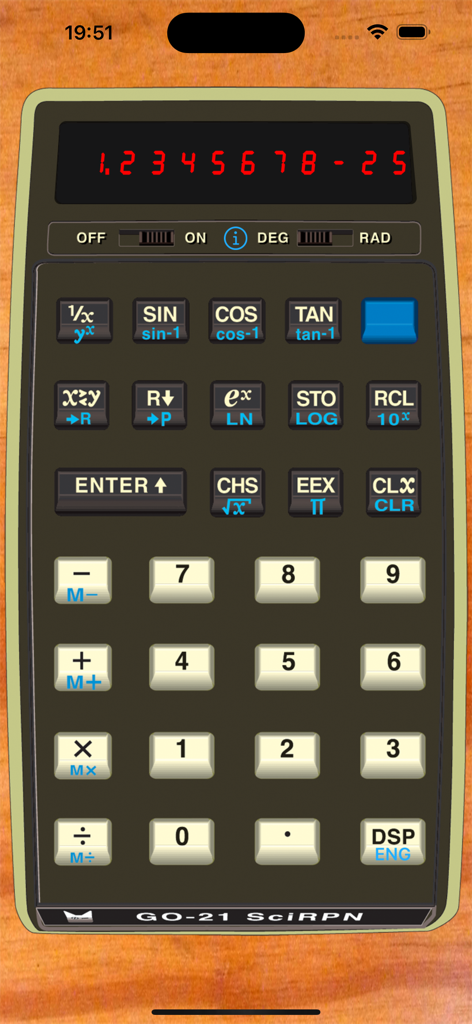 Interface de calculatrice scientifique rétro avec écran LED rouge et boutons RPN