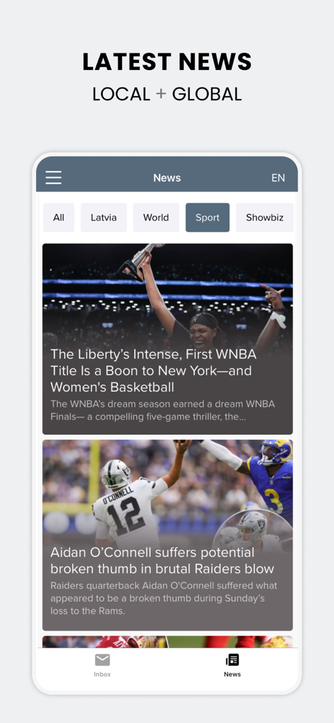 Inbox.lv news section showing local and global news stories