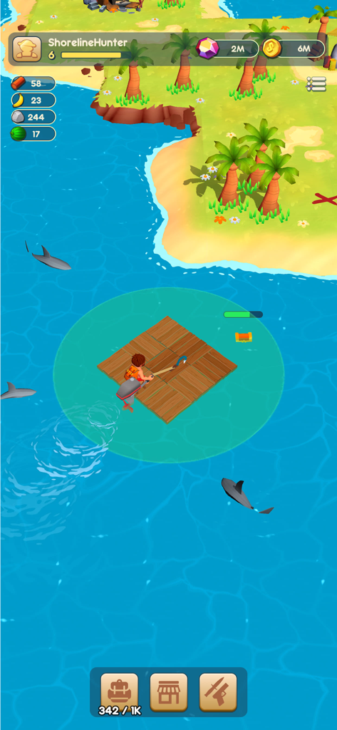 Raft® Survival Adventure Quest - Vista de arriba hacia abajo de un personaje en una balsa de madera rodeado de tiburones cerca de una isla tropical.