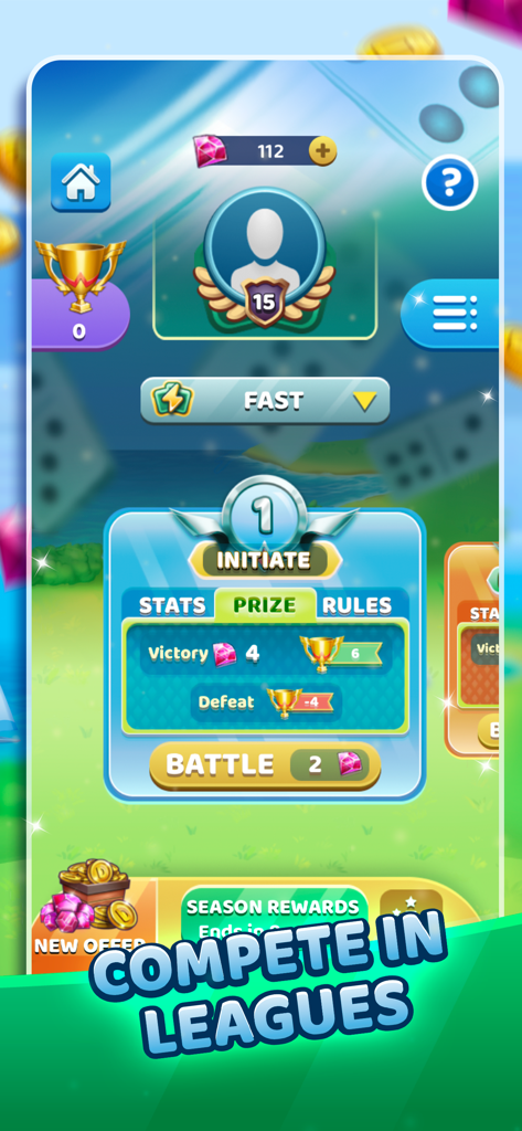 Dominoes Battle: The Best Game - Interface for Dominoes Battle showing league competition mode and match prizes