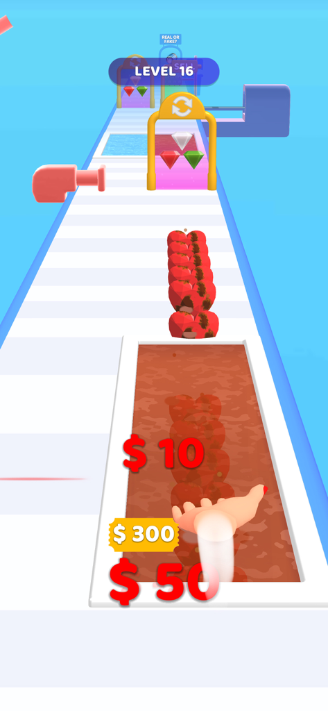 Gem Stack - A hand guiding a stack of red gems along a white track in the Gem Stack mobile game