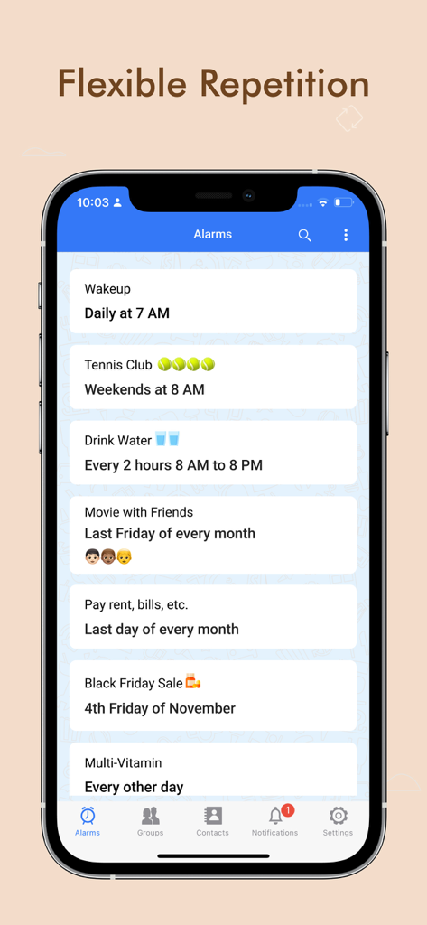 Smartphone screen showing the Galarm app list of recurring alarms with various repetition settings like daily, weekends, and specific monthly dates