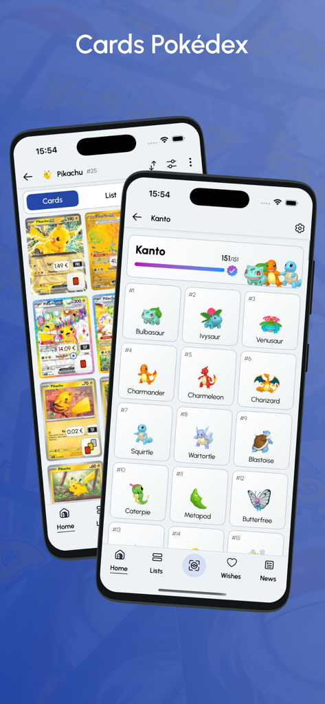 Pokécardex - Pokecardex app interface showing Pokemon card prices and Kanto collection progress
