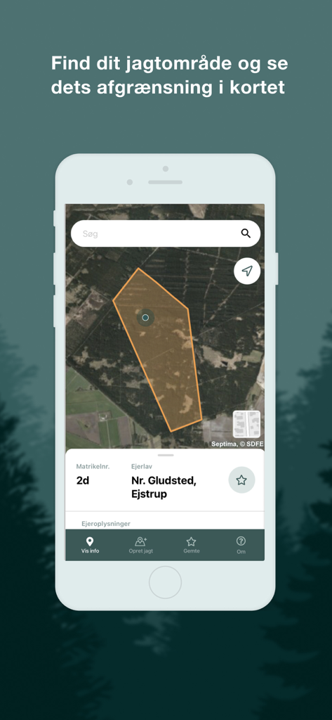 Interface de l'application Min Jagt montrant une limite de zone de chasse mise en évidence sur une carte aérienne