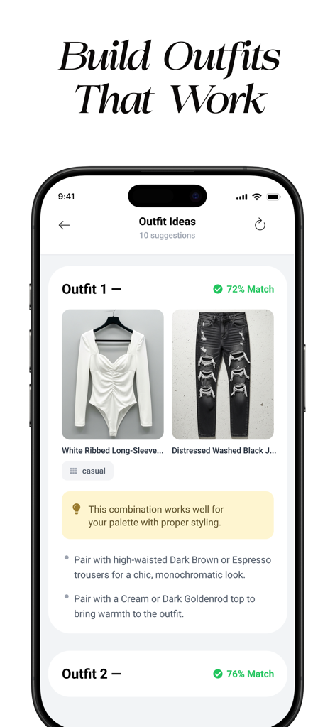 HueCheck: Color Analysis AI - HueCheck app screen showing AI-generated outfit ideas with color match scores and styling tips