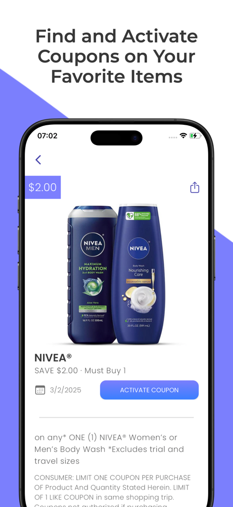 ScanLife PowerShopper app interface displaying a two dollar coupon for Nivea body wash products