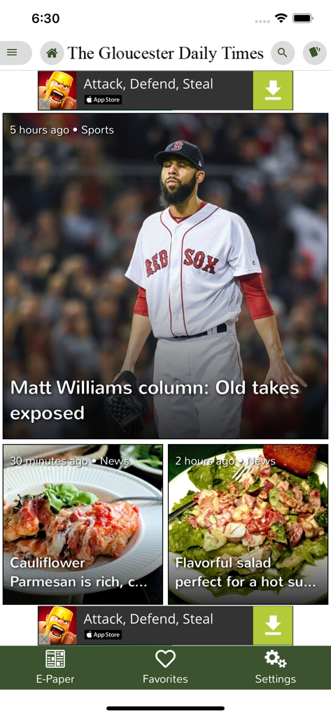 Gloucester Daily Times - Gloucester Daily Times mobile app home screen showing sports and local news articles