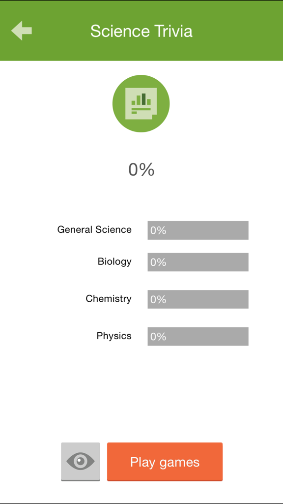 Science Trivia - Main menu of the Science Trivia app showing progress bars for General Science Biology Chemistry and Physics