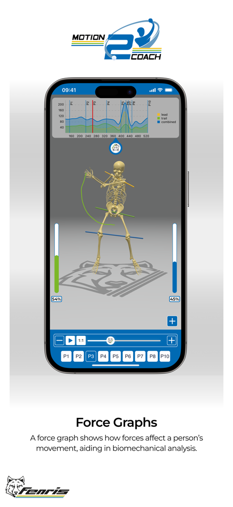 Motion2Coach Golf - Biomechanical force graphs and 3D skeleton model in the Motion2Coach Golf app