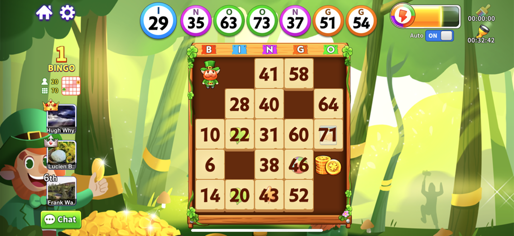 Gameplay screenshot of Bingo Lucky featuring a leprechaun themed bingo room with a wooden bingo card and forest background