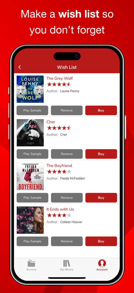 Wish list screen in the Audiobooks Now app displaying several book titles with options to play samples and purchase.