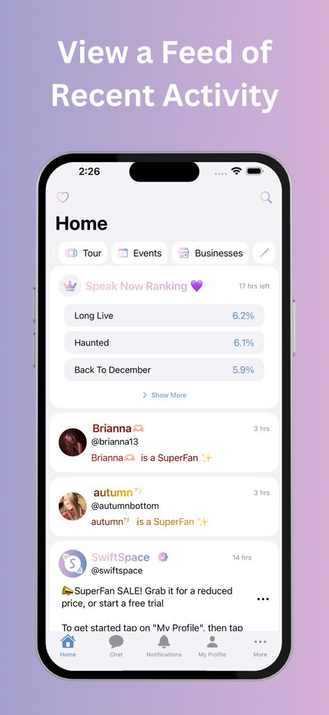 Swift Space - Find Swifties - Home screen of the Swift Space app displaying a recent activity feed and fan rankings
