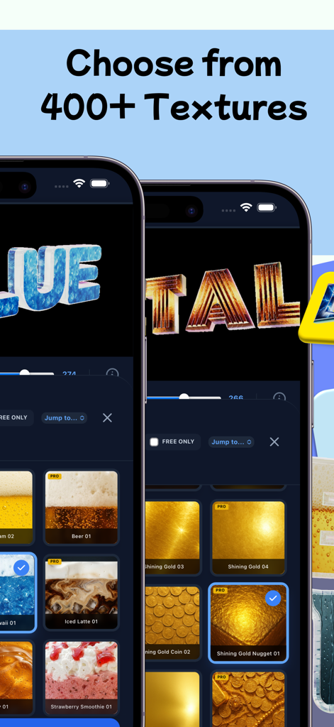 3D Text Lab - 3D Logo Maker - Interface of 3D Text Lab app showing a large library of textures for creating 3D logos and text.