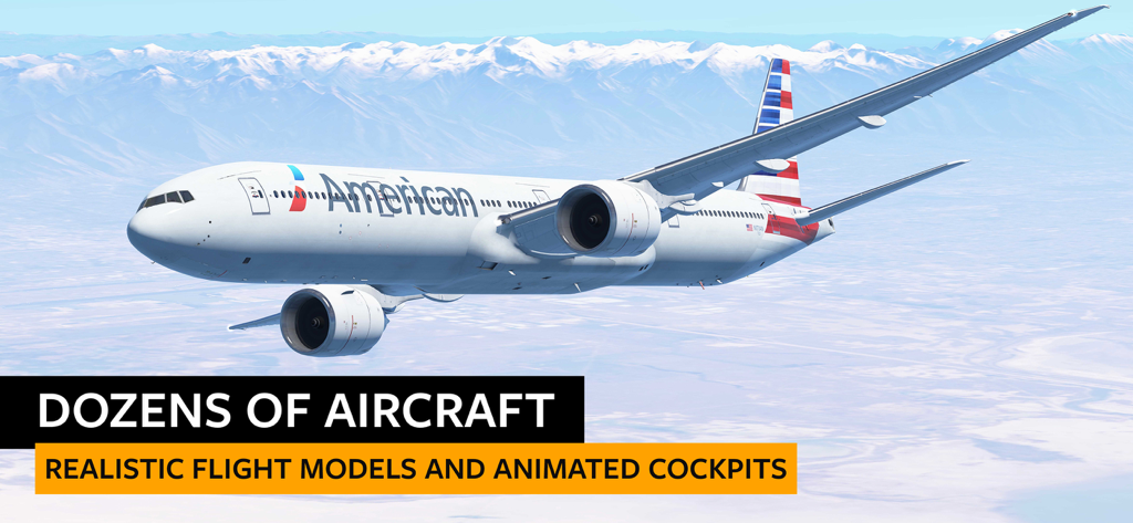 Un avión de American Airlines volando sobre montañas nevadas en Infinite Flight Simulator