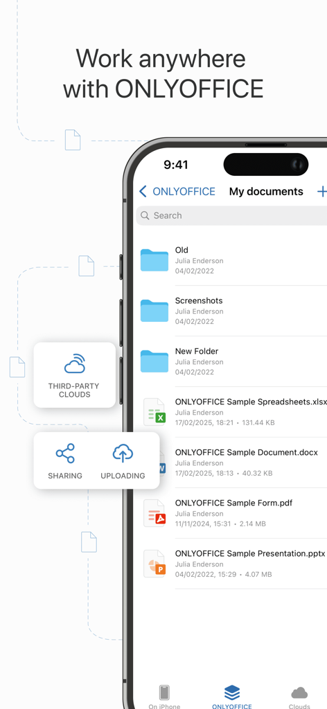 ONLYOFFICE Documents - ONLYOFFICE Documents mobile app interface showing file list and cloud storage features
