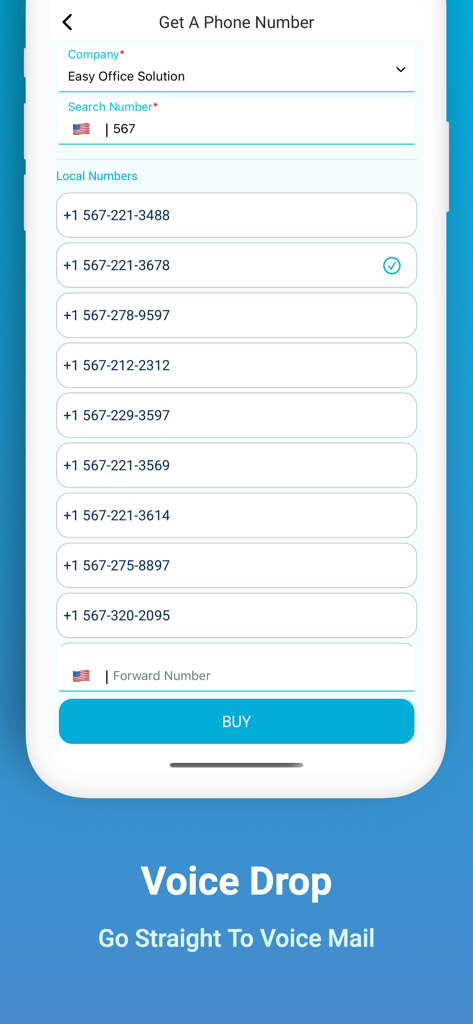 Interfaz para seleccionar números de teléfono de negocios locales para usar con la función de marketing de Mensajes de Voz en la app Respuesta Instantánea