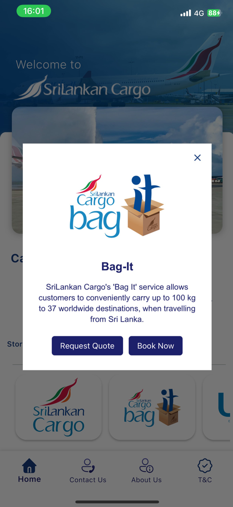 SriLankan Cargo - SriLankan Cargo mobile app showing a promotional pop up for the Bag-It shipping service.