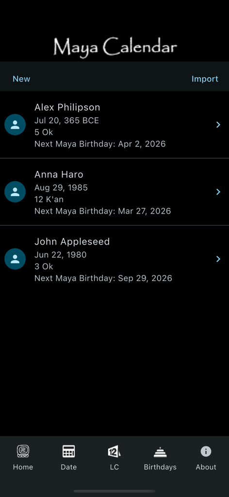 Maya Calendar - Eine Kontaktliste mit ihren gregorianischen und Maya-Geburtsdaten in der Maya-Kalender-Mobilanwendung