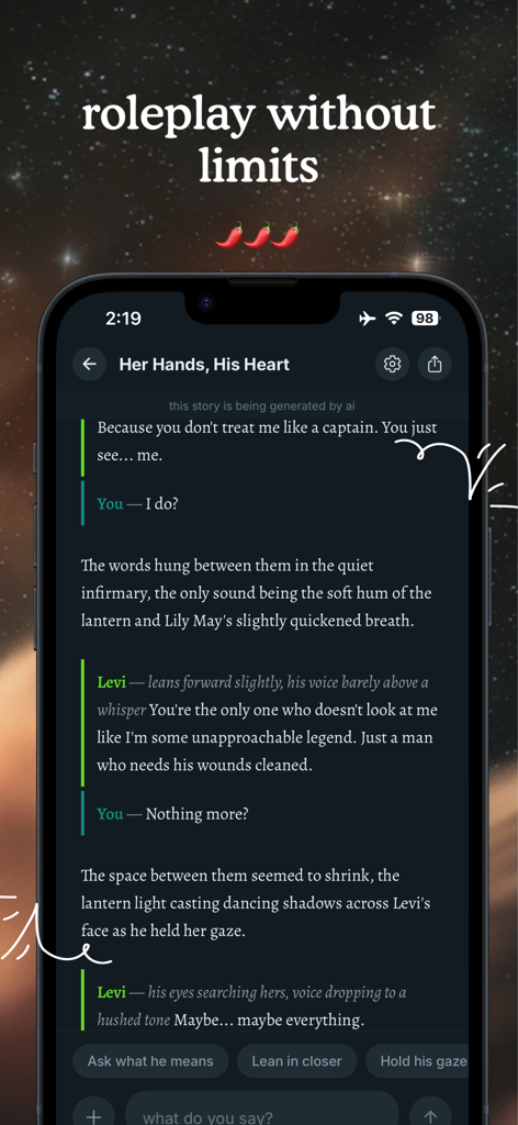 A mobile screen showing the Kindred app with an AI-generated roleplay chat interface and interactive story choices.