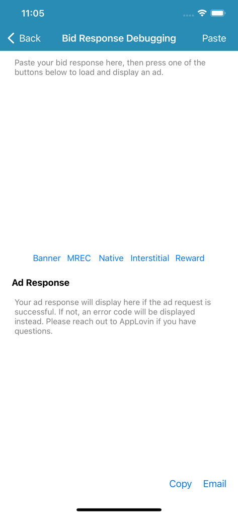 AppLovin Exchange Test App - Interface of the AppLovin Exchange Test App showing the bid response debugging screen for testing various mobile ad formats.